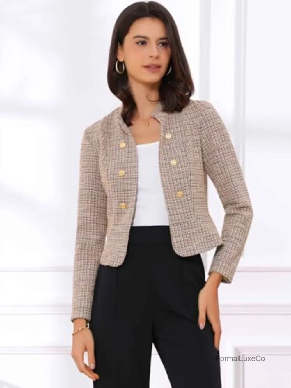 Vintage Tweed Cropped Blazer Stand Collar Open Front Business Casual Pull On